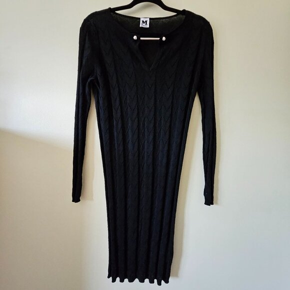 M Missoni Wool Blend Dress 40/S Black Signature Pattern LS V Neck Bar Clasp Midi - Picture 1 of 16